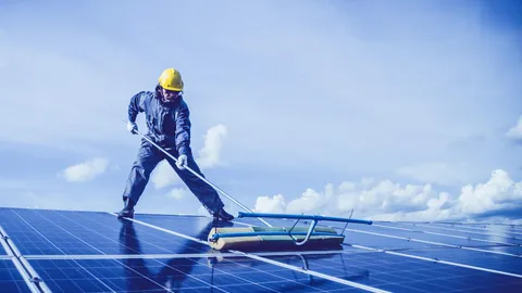 Técnico limpiando placas solares en un tejado